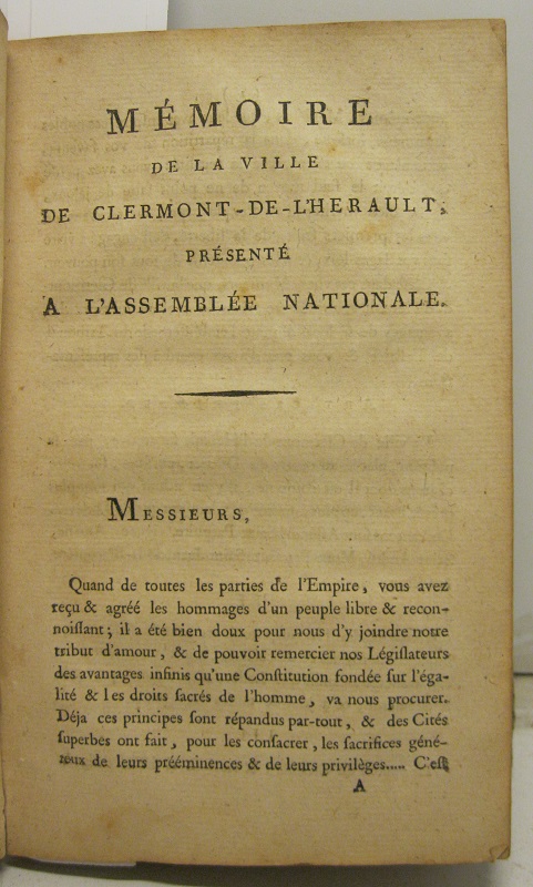 Memoire de la ville de Clermont De L'Herault présenté à l'Assemblée Nationale
